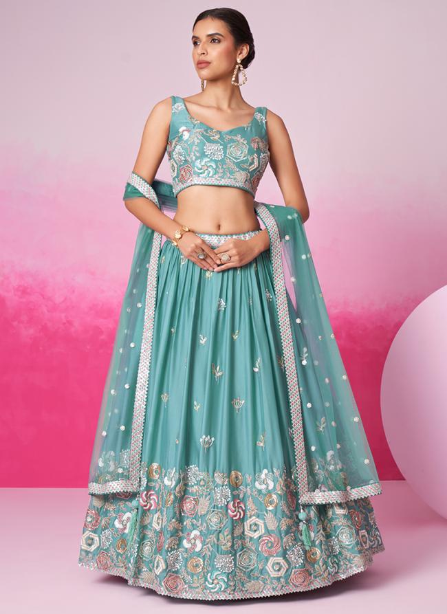 Poly Georgette Turquoise Blue Bridal Wear Sequins Work Lehenga Choli